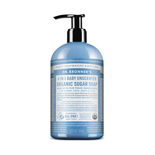 Dr. Bronner's 4in1 Baby Unscented Organic Sugar Soap Pump 355ml On