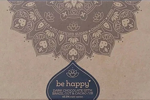 Be Happy Dark Chocolate w Brazil Nut & Cacao Nibs 67.5% Raw Cacao 85gm.