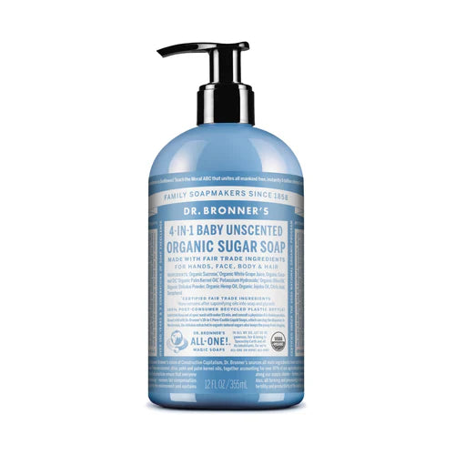 Dr. Bronner's 4-in-1 Baby Unscented Organic Sugar Soap Pump 355ml