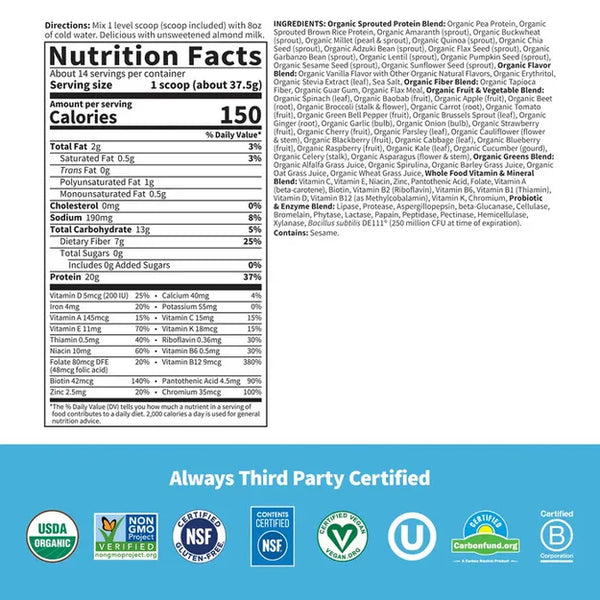 Garden of Life Raw Organic Meal Replacement Protein Powder - Vanilla 969gm