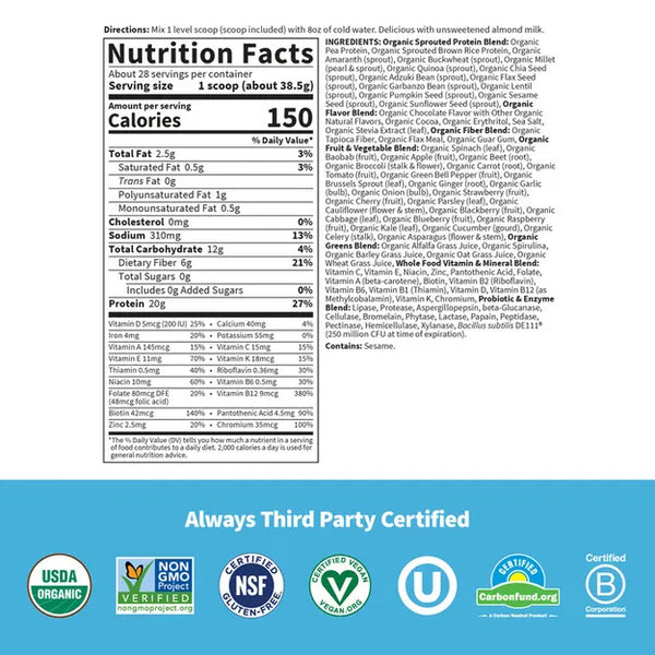 Garden of Life Raw Organic Meal Replacement Protein Powder - Chocolate 1078gm