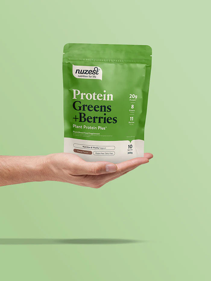 nuzest Plant Protein Plus Protein Greens + Berries Cacao Flav 300gm