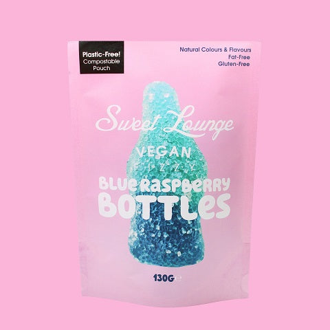 Sweet Lounge Vegan Fizzy Blue Raspberry Bottles (Plastic-free) 130gm
