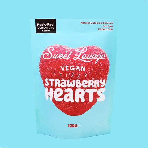 Sweet Lounge Vegan Fizzy Strawberry Hearts (Plastic-free) 130g