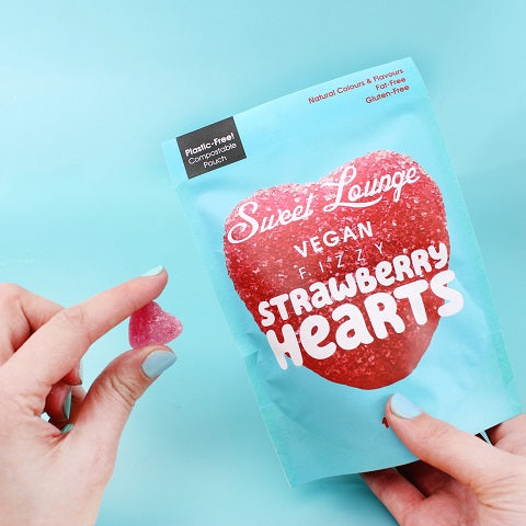 Sweet Lounge Vegan Fizzy Strawberry Hearts (Plastic-free) 130g