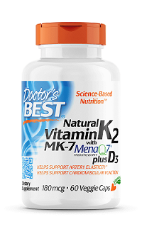 Doctor's Best Natural Vitamin K2 MK-7 with MenaQ7 plus Vitamin D3, 180 mcg, 60 Veggie Caps