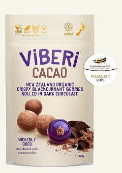 Viberi CACAO 70% Organic Dark Chocolate Rolled Blackcurrants 90gm