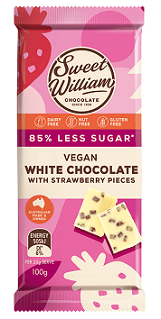 Sweet William Chocolate Vegan White w Strawberry 100gm